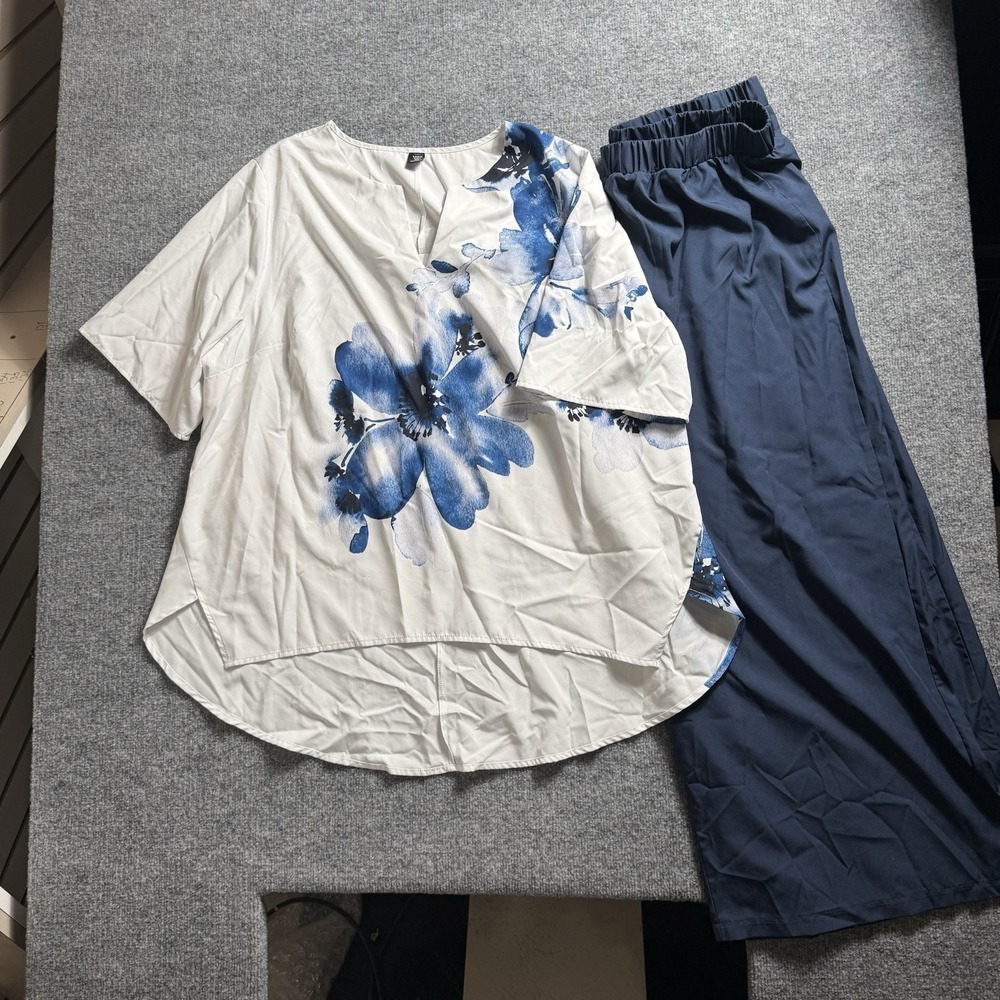 Womens White Blue Floral 2 Piece Outfit Set Hi-Low Top Wide Leg Pants Casual 4X